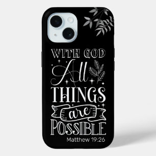 White Text Typography, Matthew 19:26 Scripture iPhone 15 Case