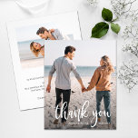 White Text Wedding Photo Thank You<br><div class="desc">Small 4.5" x 5.6" affordable paper features your photo, the words Thank You and your names in chic lettering with your thank you note on the back. 110 lb paper and your choice of 3 sizes. **WHITE ENVELOPES ARE OPTIONAL ON THE ORDER PAGE. Be sure to double-check your order before...</div>
