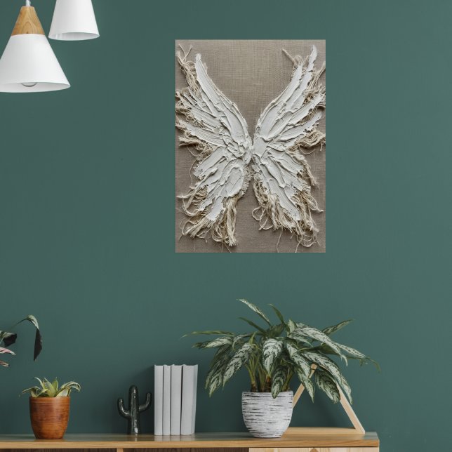 White Textured Angel Wings Sculpture Neutral Linen Poster (Living Room 1)