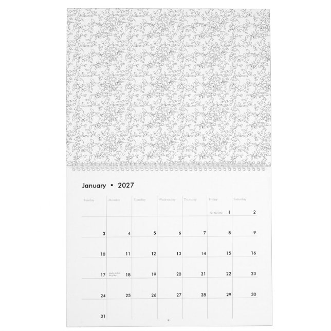 White textured background with subtle, interwoven, calendar (Jan 2027)