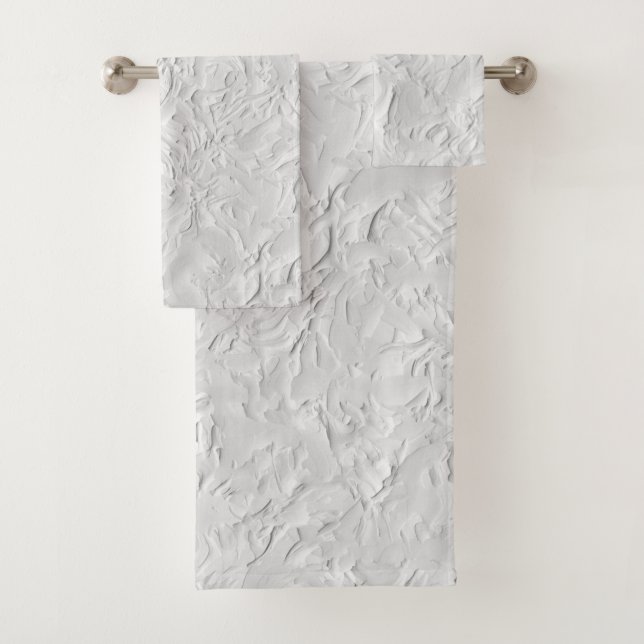 White Textured Stone, Monochrome Abstract Art Bath Towel Set (Insitu)