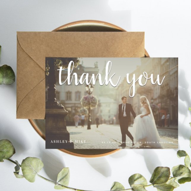 White Thank You 2 Photo Wedding Thank You Card (Grateful for the love and joy you shared on our special day. )