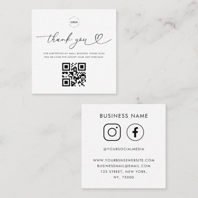 White Thank You Logo QR Code Custom Small Business Discount Card (Front/Back)
