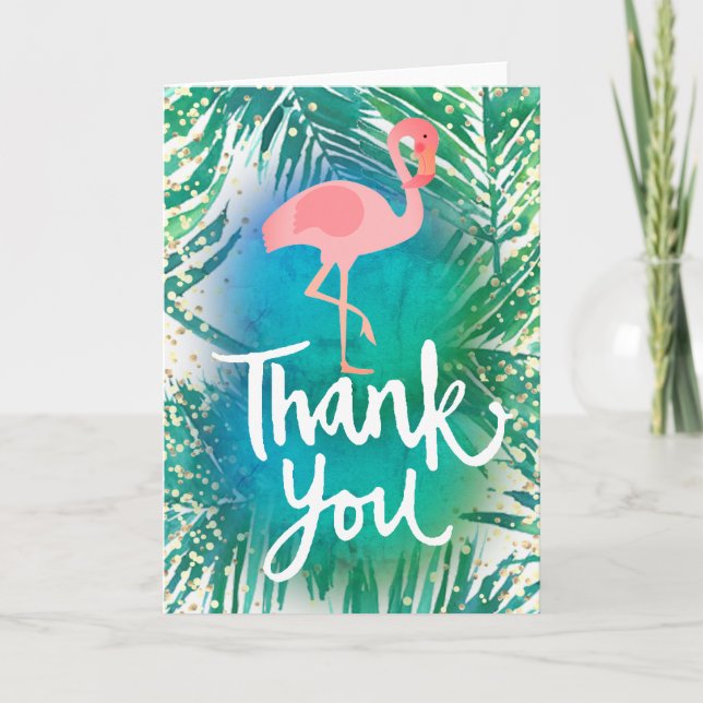 white thank you script flamingo on palm leaves card (Front)