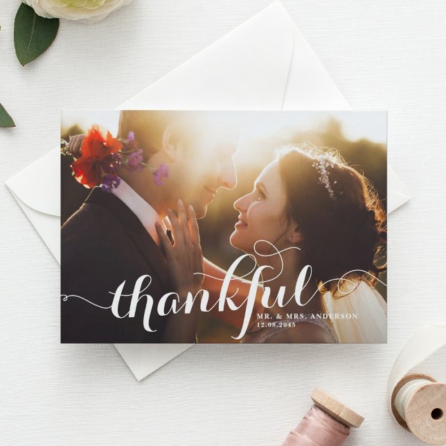 White Thankful Calligraphy Photo Wedding Thank You Postcard (Creator Uploaded)