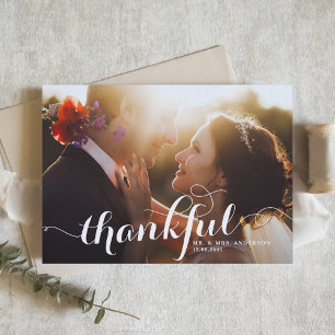 White Thankful Modern Calligraphy Photo Wedding Thank You Card