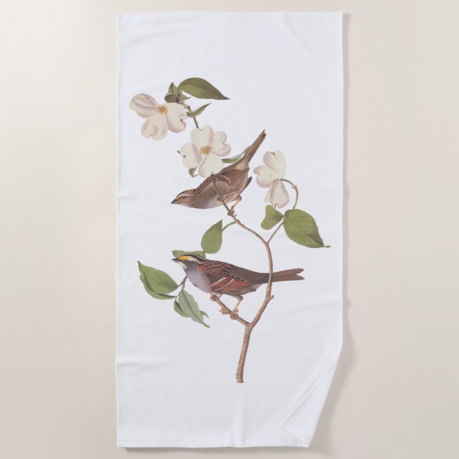 White Throated Sparrow Audubon Birds with Flowers Beach Towel (Front)