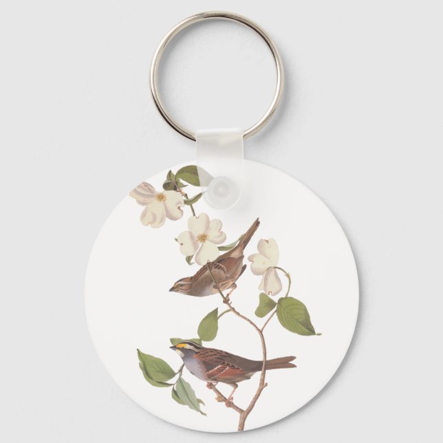 White Throated Sparrow Audubuon Bird with Flowers Key Ring (Front)