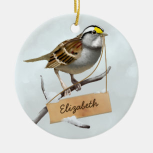 White throated sparrow Customise Name Ceramic Tree Decoration