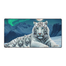 White Tiger And Baby Cubs In The Snow