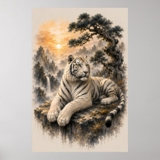White Tiger Beneath Ancient Pine | Chinese Ink Was Poster