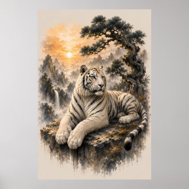 White Tiger Beneath Ancient Pine | Chinese Ink Was Poster (Front)