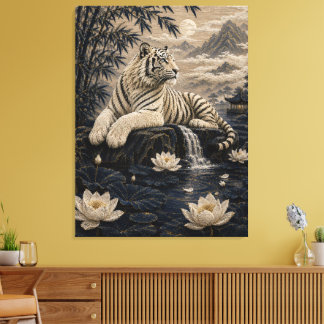 White Tiger by a Lotus Pond – Bamboo Mountain Land Canvas Print