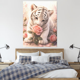 White Tiger Cub Smelling a Pink Rose Canvas Print
