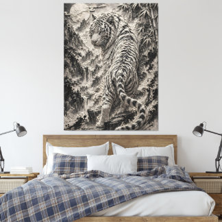 White Tiger Engraved Ink Style - Oriental Guardian Canvas Print