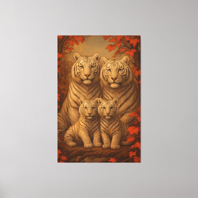 White Tiger Family of Four – Autumn Maple Fine Art Canvas Print (Front)