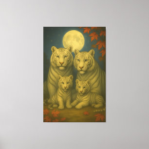 White Tiger Family of Four – Moonlit Autumn Fine A Canvas Print
