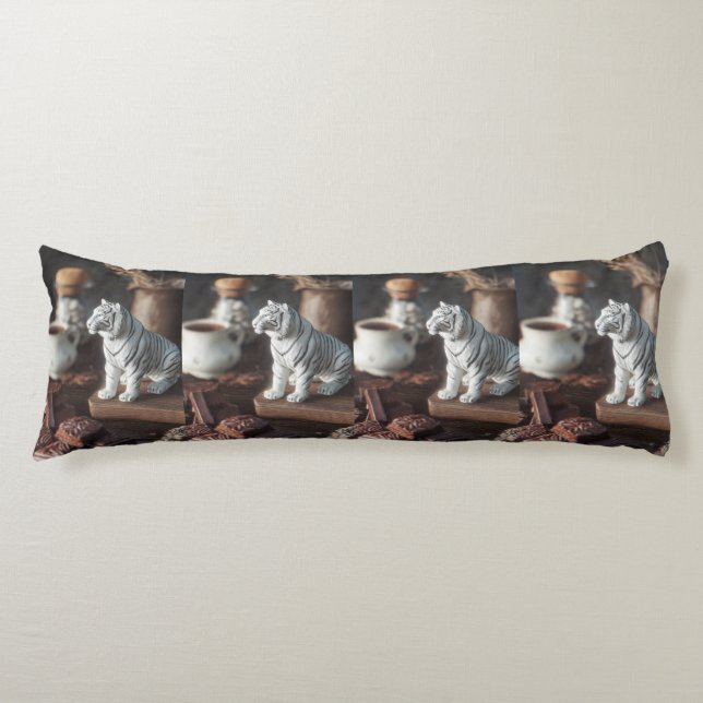 White Tiger Figurine – Rustic Chocolate & Coffee  Body Cushion (Front)