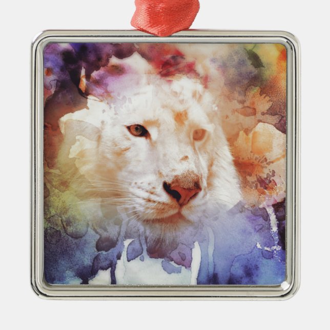 White Tiger Grunge Metal Tree Decoration (Front)