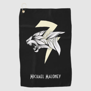 White Tiger Head And Thunderbolt Black Background  Golf Towel