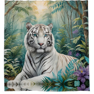 White Tiger in a Blue Green Jungle Shower Curtain