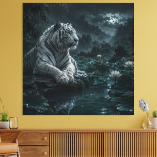 White Tiger in a Rainy Lotus Pond – Mystical Blue Canvas Print