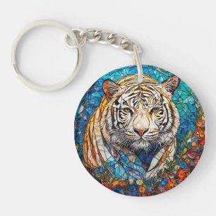 White Tiger in a Vibrant Circular Design Key Ring