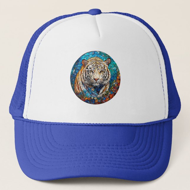 White Tiger in a Vibrant Circular Design Trucker Hat (Front)