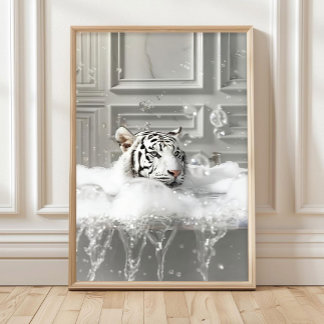 White Tiger in Bathtub Art Print Maximalist Decor 