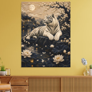 White Tiger in Moonlit Lotus Pond – Asian Garden W Canvas Print