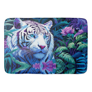 White Tiger in purple flowers  Bath Mat