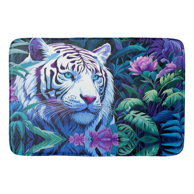 White Tiger in purple flowers  Bath Mat (Front)