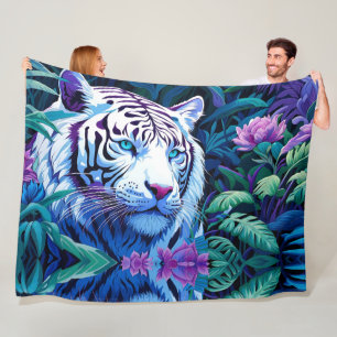 White Tiger in purple flowers  Fleece Blanket