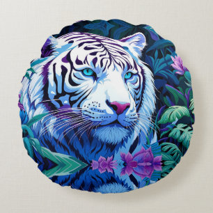 White Tiger in purple flowers  Round Cushion