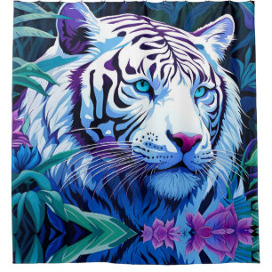 White Tiger in purple flowers Shower Curtain