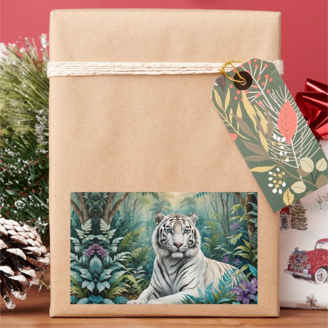 White Tiger Jungle Flora Rectangular Sticker (Holiday)