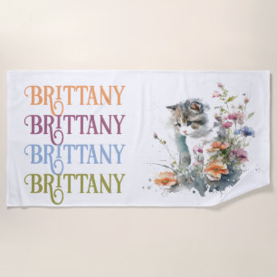 White Tiger Kitten in Flowers Monogram Beach Towel