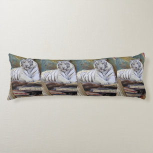 White Tiger Mixed-Media Collage – Elegant Art Pill Body Cushion