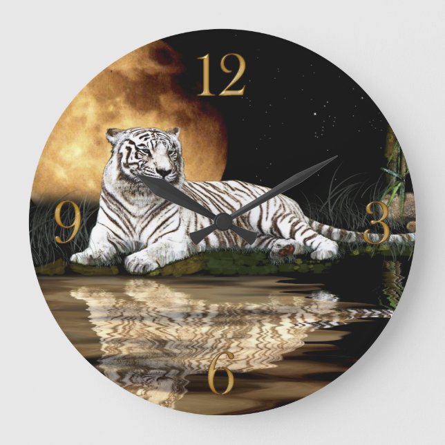 White Tiger & Moon Big Cat Animal-Lover Wall Clock (Front)