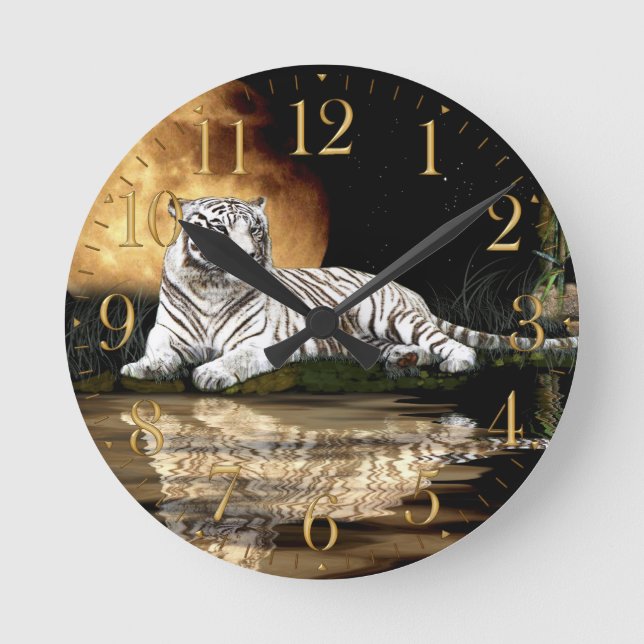 White Tiger & Moon Big Cat Animal-Lover Wall Clock (Front)