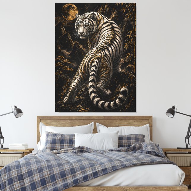 White Tiger Moonlight Canvas Wall Art | Mystical N (Insitu(Bedroom))