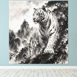 White Tiger on Mountain Cliff Traditional Ink Wi Canvas Print