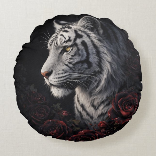 White Tiger Portrait – Calm Power and Silent Gaze Round Cushion (Front)