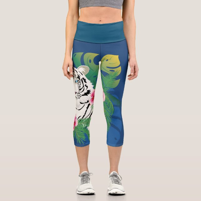 White tiger portrait with tropical leaves capri leggings (Front)