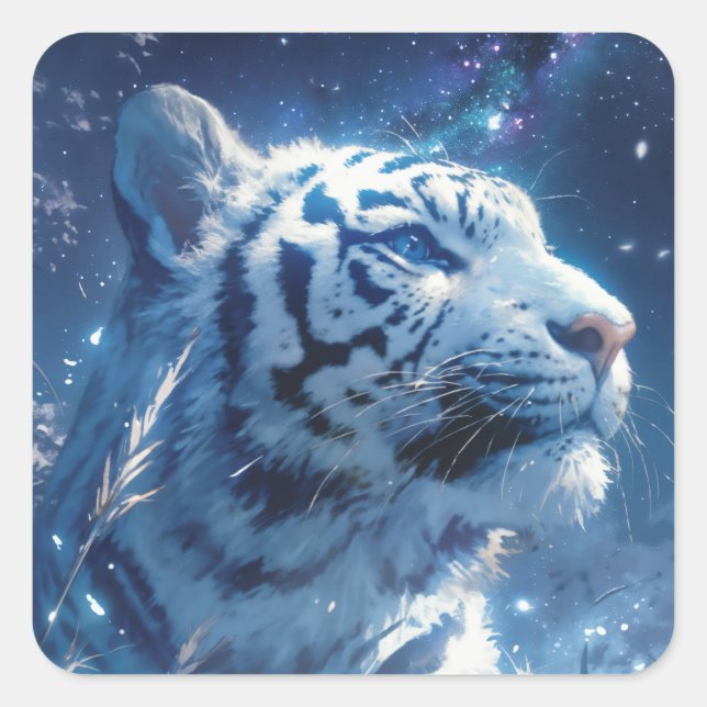 White Tiger Profile Under Starry Night Sky Square Sticker (Front)