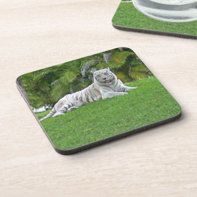 White Tiger Resting in Green Forest Shade Coaster (Left Side)