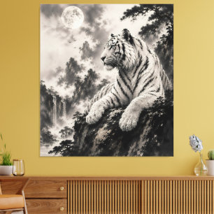 White Tiger Resting on Cliff Traditional Ink Was Canvas Print