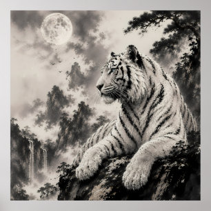 White Tiger Resting on Cliff Traditional Ink Was Poster