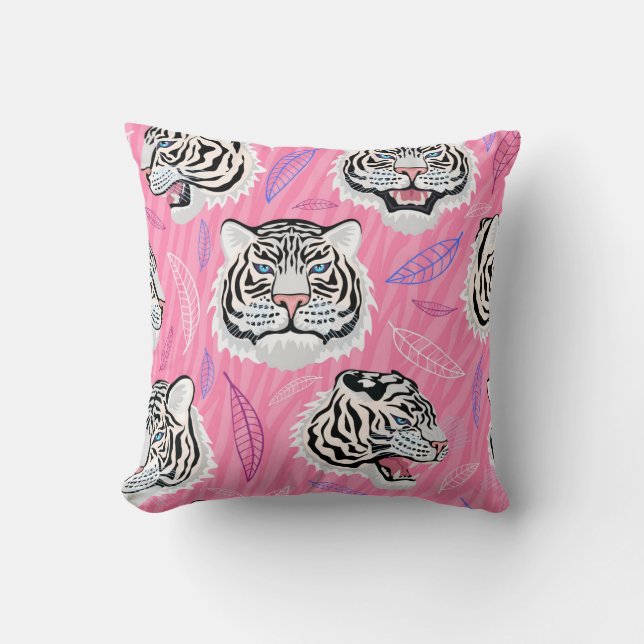 White Tiger Roar: Jungle Rainforest Pattern Cushion (Front)
