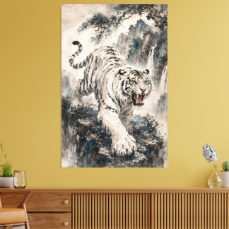 White Tiger Roaring on Mountain Cliff | Chinese In Canvas Print